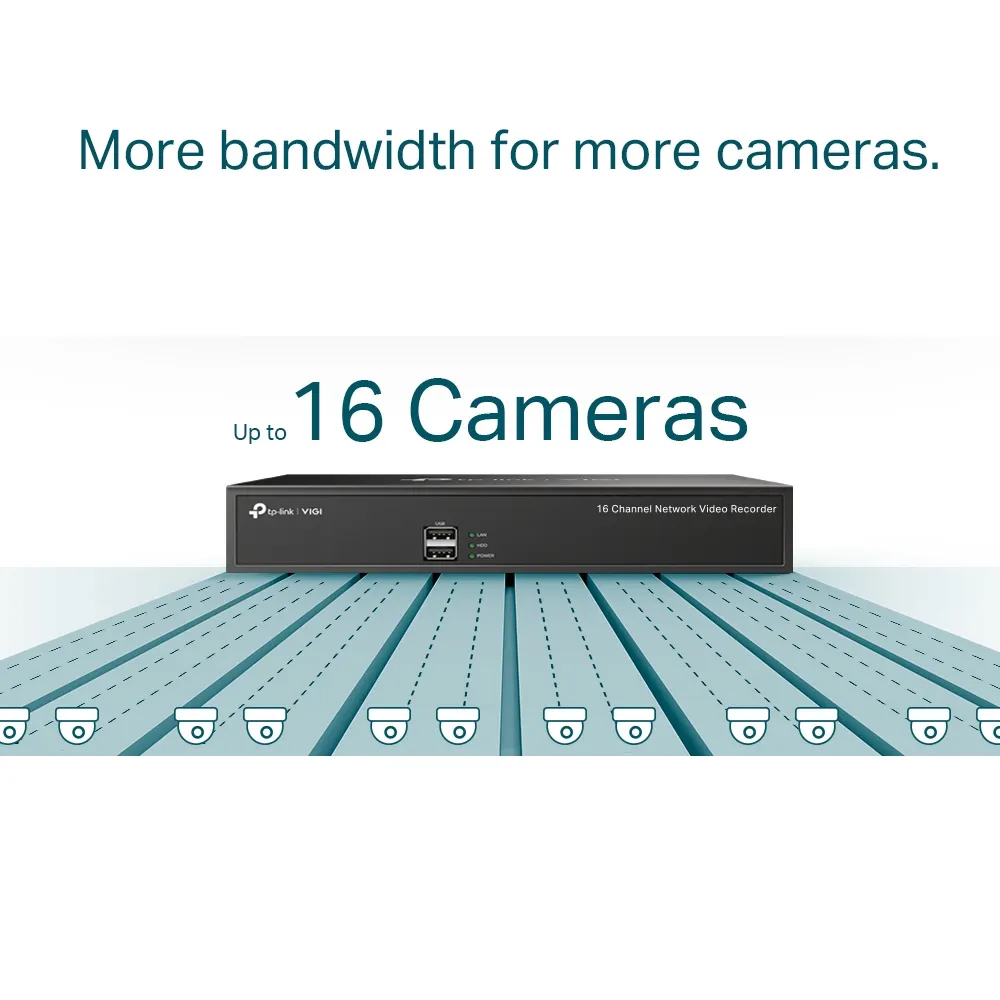 TP-Link VIGI 16 Video Recorder - 16-Channel IP Video Input, Incoming Bandwidth: 80 Mbps, Outgoing Bandwidth: 60 Mbp, 1 SATA slot up to 10TB, Decoding