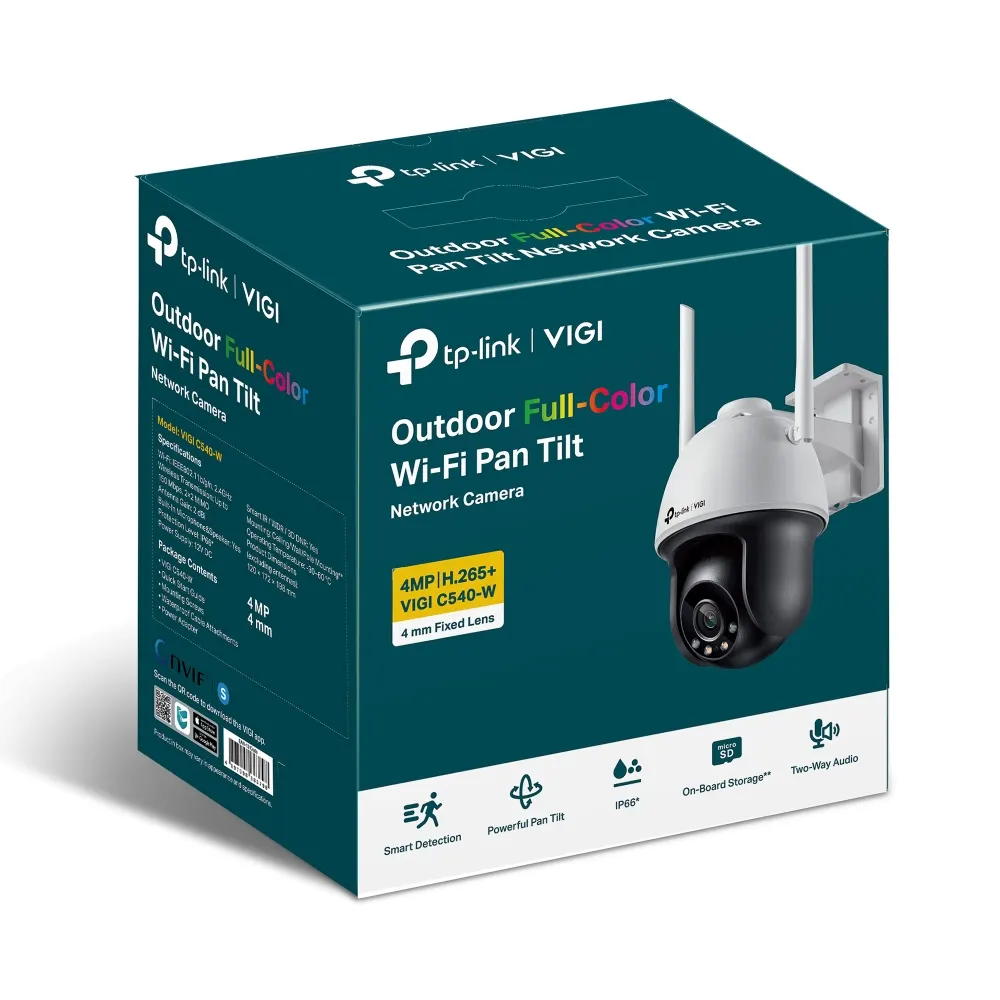 TP-Link VIGI C540-W Full-Color Wi-Fi Pan Tilt Network Camera - Outdoor, 4MP, 2560 × 1440, 4mm Lens, 93° Diagonal Viewing Angle, Full-Color Night
