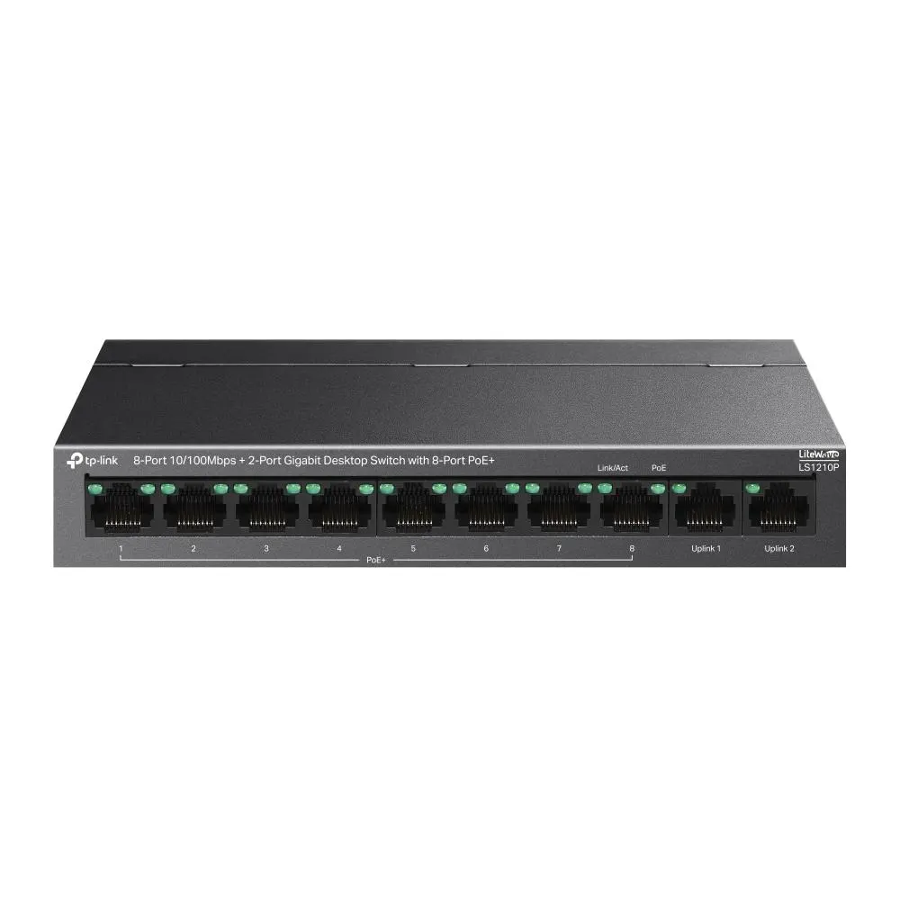 TP-Link, LS1210P, 8-Port 10/100Mbps+2-Port Gigabit Desktop Switch with 8-Port PoE+.