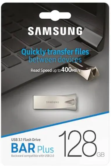 BAR Plus, SAMSUNG, Flash Memory, 128GB, USB A 3.2 Gen1, Up to 400MB/s read.