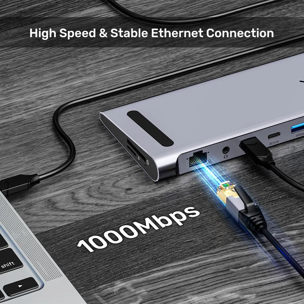 D1106A, UNITEK, Docking Station, 13-in-2 KVM (2*HDMI+DP+USB+2*USB 10Gb+USB-C 10Gbps+SD/Micro+Audio+1GB LAN+PD 100W+DC5V)+HDMI