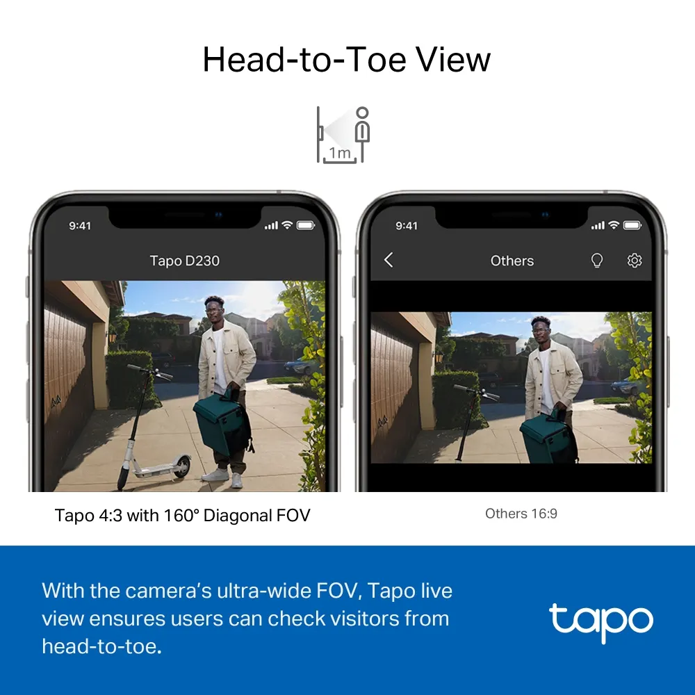TP-Link Tapo D230S1 Video Doorbell - 2K 5MP (2560 × 1920), 180 Days Battery Life, SD-Card Slot On Hub (Up to 512GB), 160° Viewing Angle, IP64