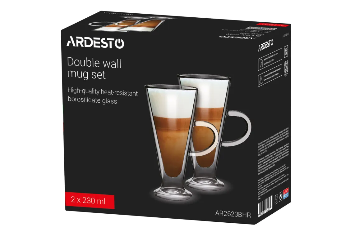 Double wall mug set with handles ARDESTO, 230ml, 2pcs, borosilicate glass, transparent