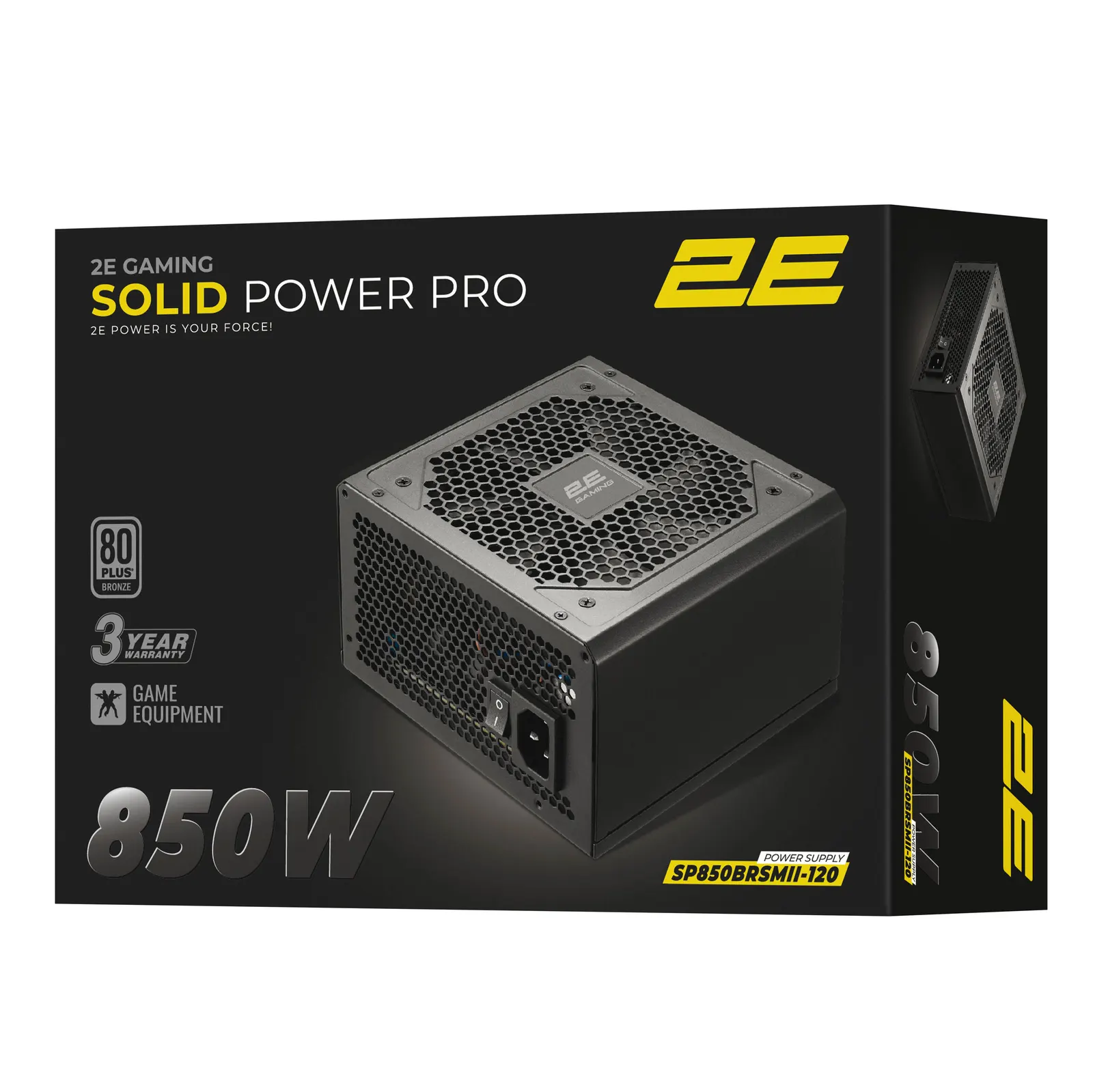 2E GAMING PSU Solid Power Pro (850W), >85%, 80+ Bronze, 120mm, 1xMB 24pin(20+4), 2xCPU 8pin(4+4), 3xMolex, 6xSATA, 4xPCIe 8pin(6+2), 1x12VHPWR, Semi