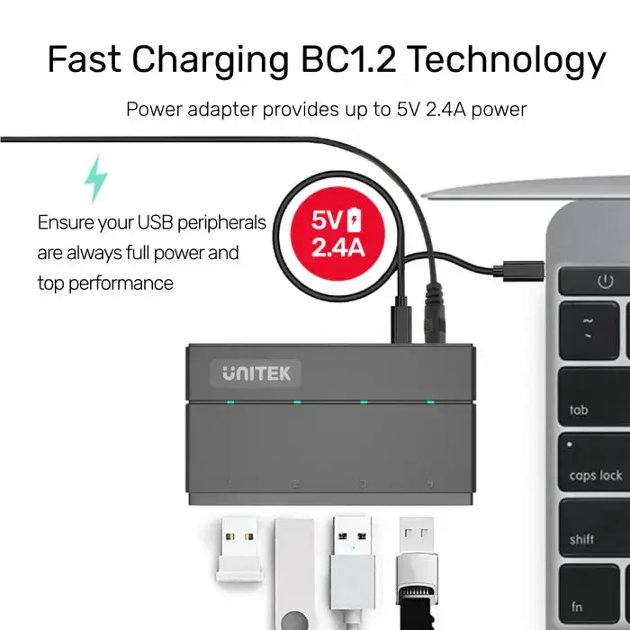 Y-HB03001, UNITEK 4-in-1 USB3.0 4-Port Hub with Charging Function, 12V2A Power Adapter, Black