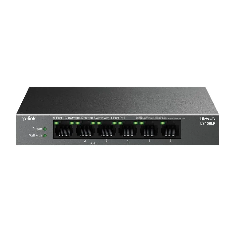 TP-Link, LS106LP, 6-Port 10/100Mbps Desktop Switch with 4-Port PoE, 41 W