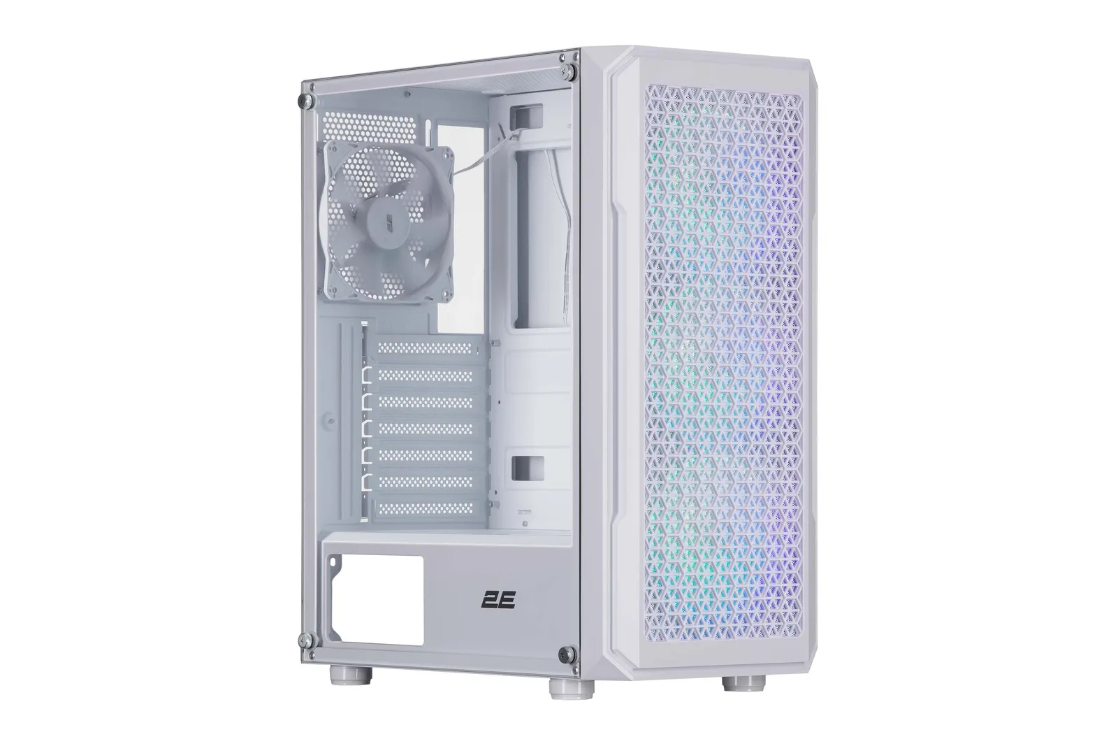 ქეისი 2E Gaming Computer case Hexagon G338W, without PSU, 2xUSB 3.0, 1xUSB Type-C, 1x120mm, 3x120mm ARGB, TG Side Panel, ATX, White