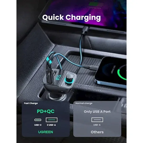 UGREEN CD229 Bluetooth Car Charger BT5.0, PD, QC3.0, USB Flash Drive, TF, Black (80910)