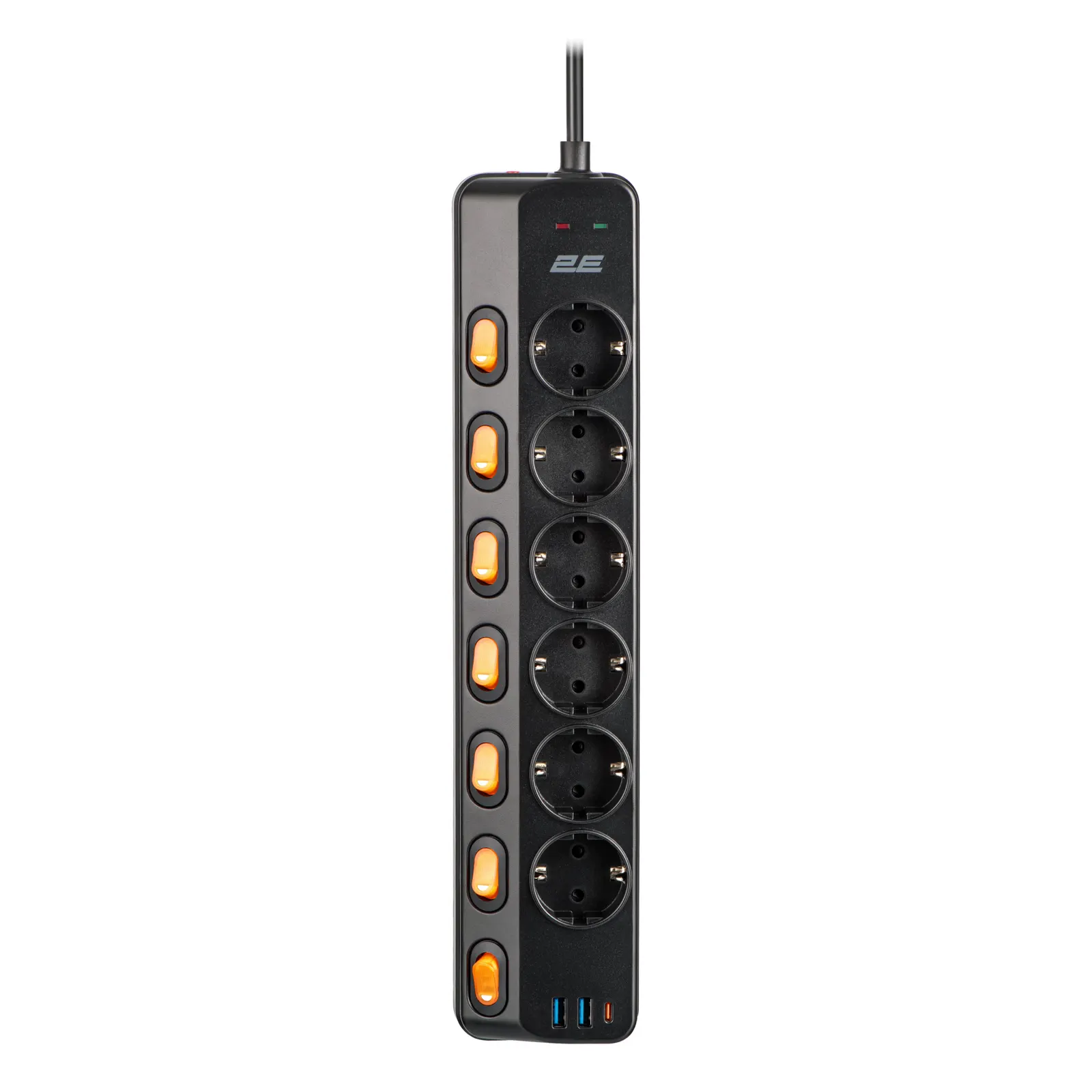 დამაგრძელებელი 2E Power strip with surge protection, 3m, 6xTypeF, 16A, 2xUSB-A, 1xUSB-C, black