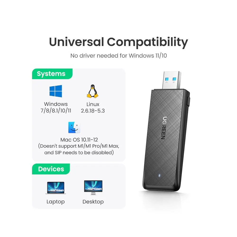 Wifi ადაპტერი UGREEN CM492 (50340) AC1300 Wireless Network Adapter, USB 3.0, 1300Mbps, Black