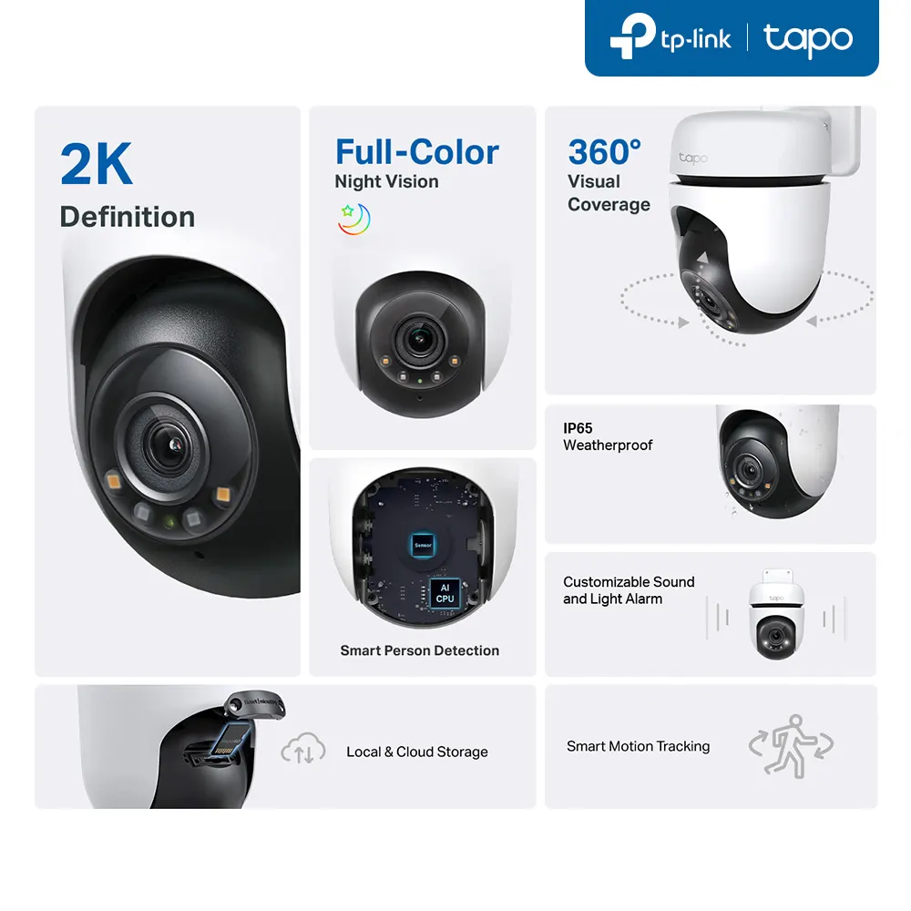 TP-Link Tapo C510W Pan/Tilt Wi-Fi Camera - 2304 × 1296 (2K), Wi-Fi, 360°/130° Viewing Range, IP65 Waterproof, MicroSD Card Slot (Up to 512 GB)