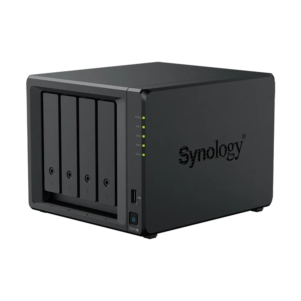 DS925+ AMD Ryzen R1600 2-core 2.6 (base) / 3.1 (turbo) GHz;/RAM 4 GB (4 GB x 1);/ 4x Drive Bays;/2x M.2 Drive Slots;/2x RJ-45 1GbE LAN Port;/2x USB