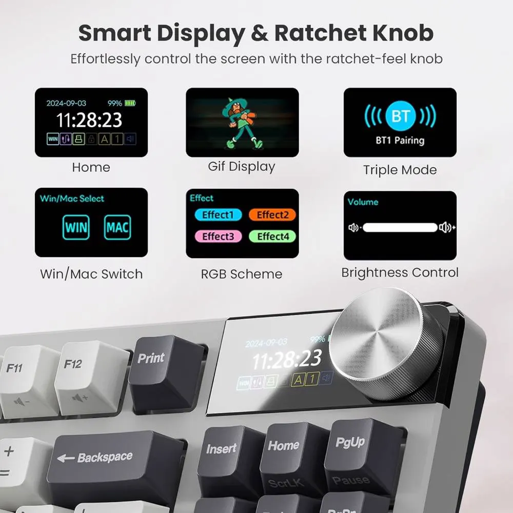 კლავიატურა Royal Kludge RK S85 RGB Mechanical Keyboard, Cloud Switch, Hot Swappable, Wireless, Type-C, Bluetooth, 2.4GHz, White Night