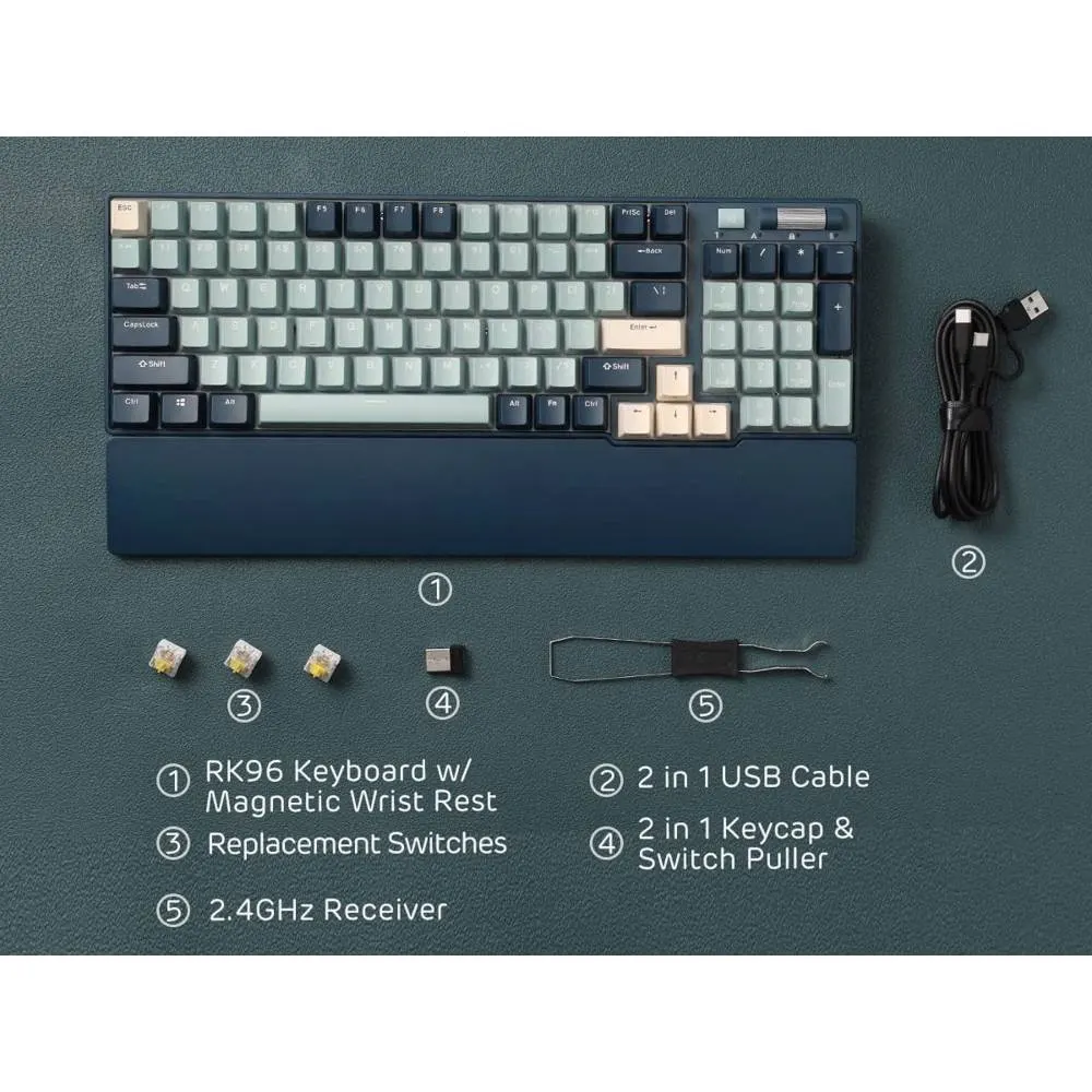 კლავიატურა Royal Kludge RK 96 Mechanical Keyboard, Red switch, Hot Swappable, Wireless, USB Type-C, 2.4 GHz, Bluetooth, Forest Blue