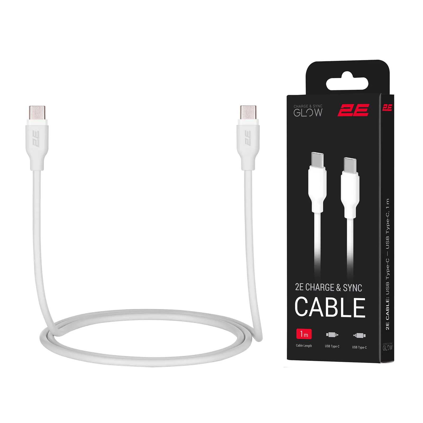 Type-C კაბელი 2E Cable USB-C > USB-C charge/data, 1m, 60W Type-C, Glow, white