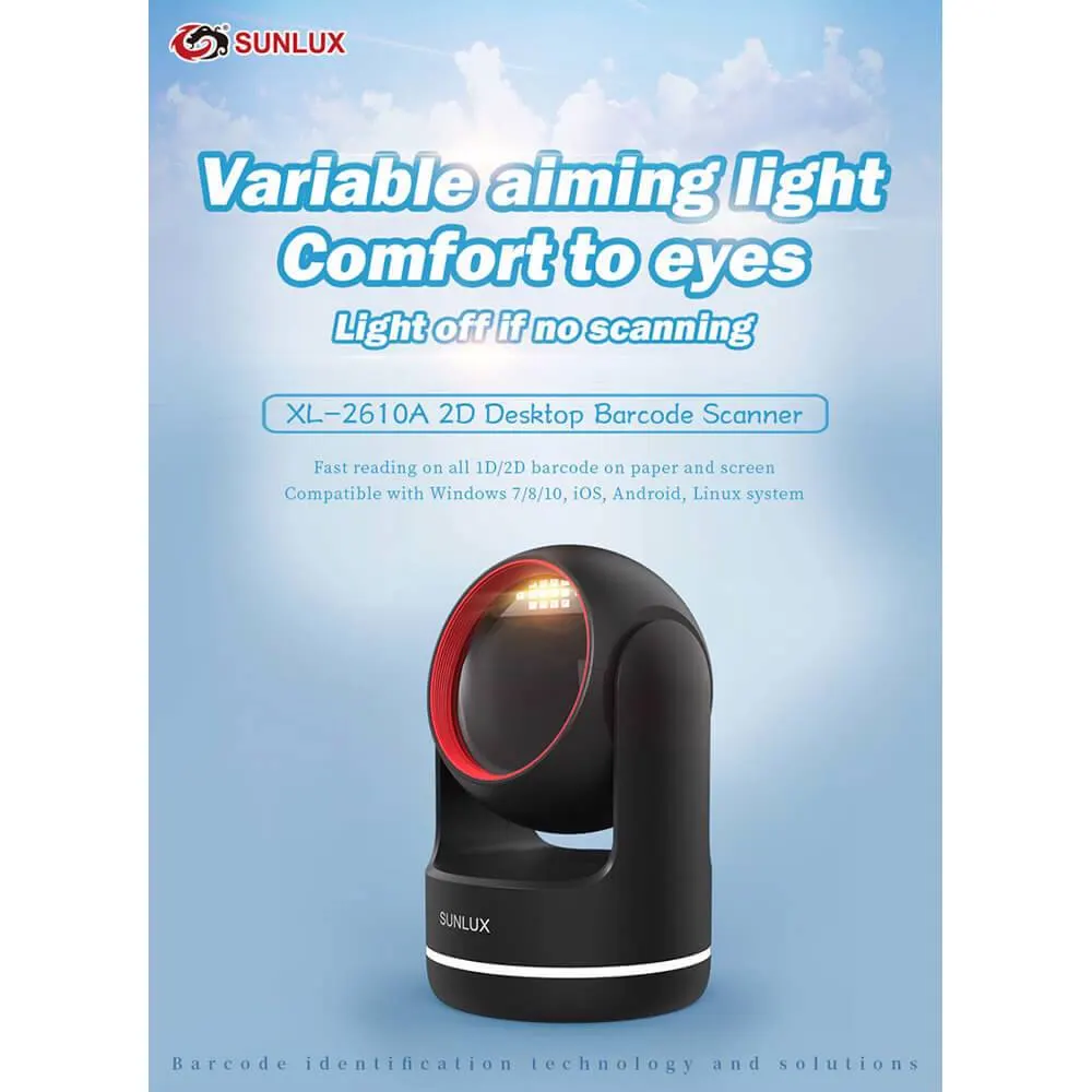 ბარკოდის სკანერი Sunlux XL-2610A, USB-HID, RS-232, USB-VCP, Barcode Desktop Scanner, Black