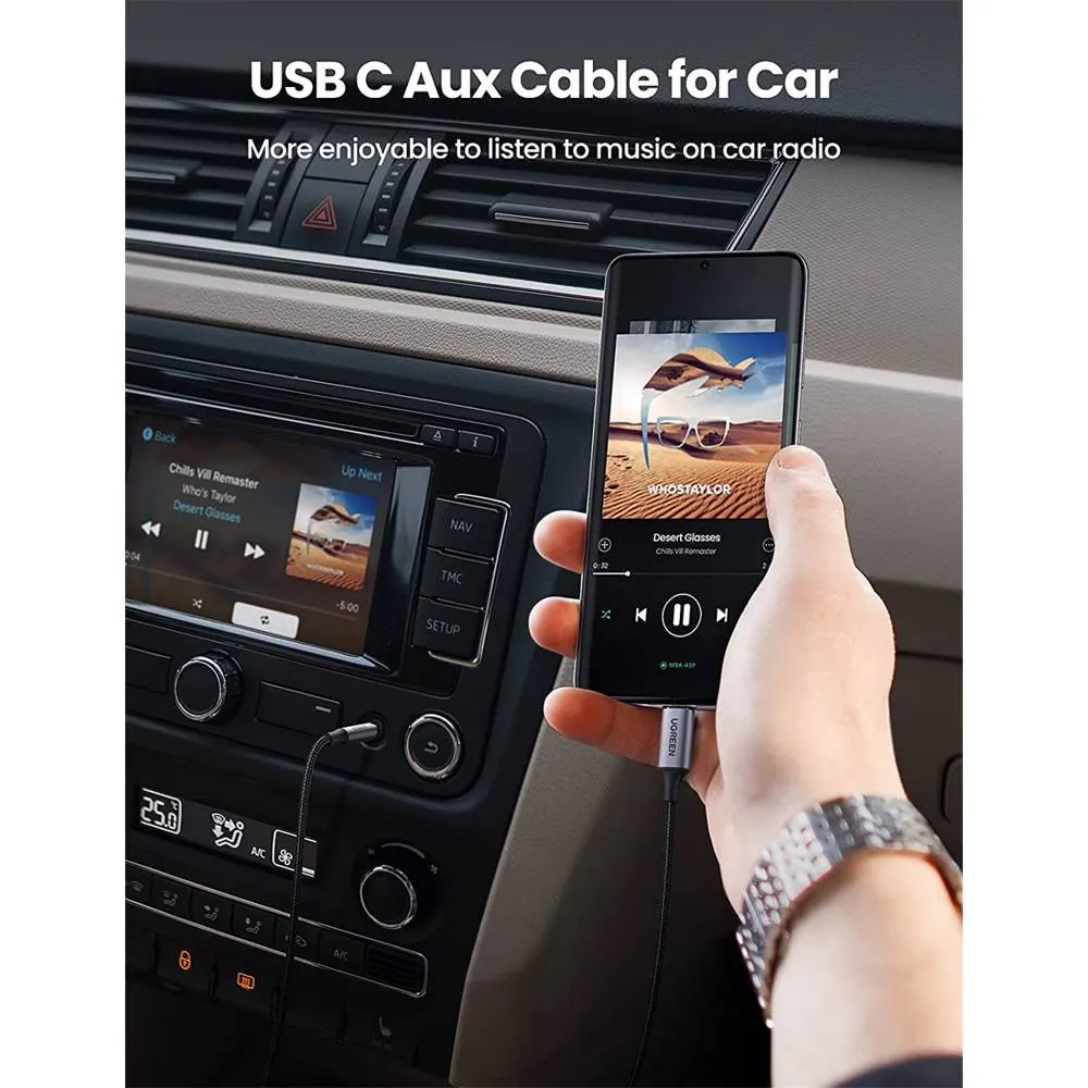 Audio adapter UGREEN CM450 (20192), Type-C To 3.5mm Aux Audio Cable With Chip, 1m, Black/Grey