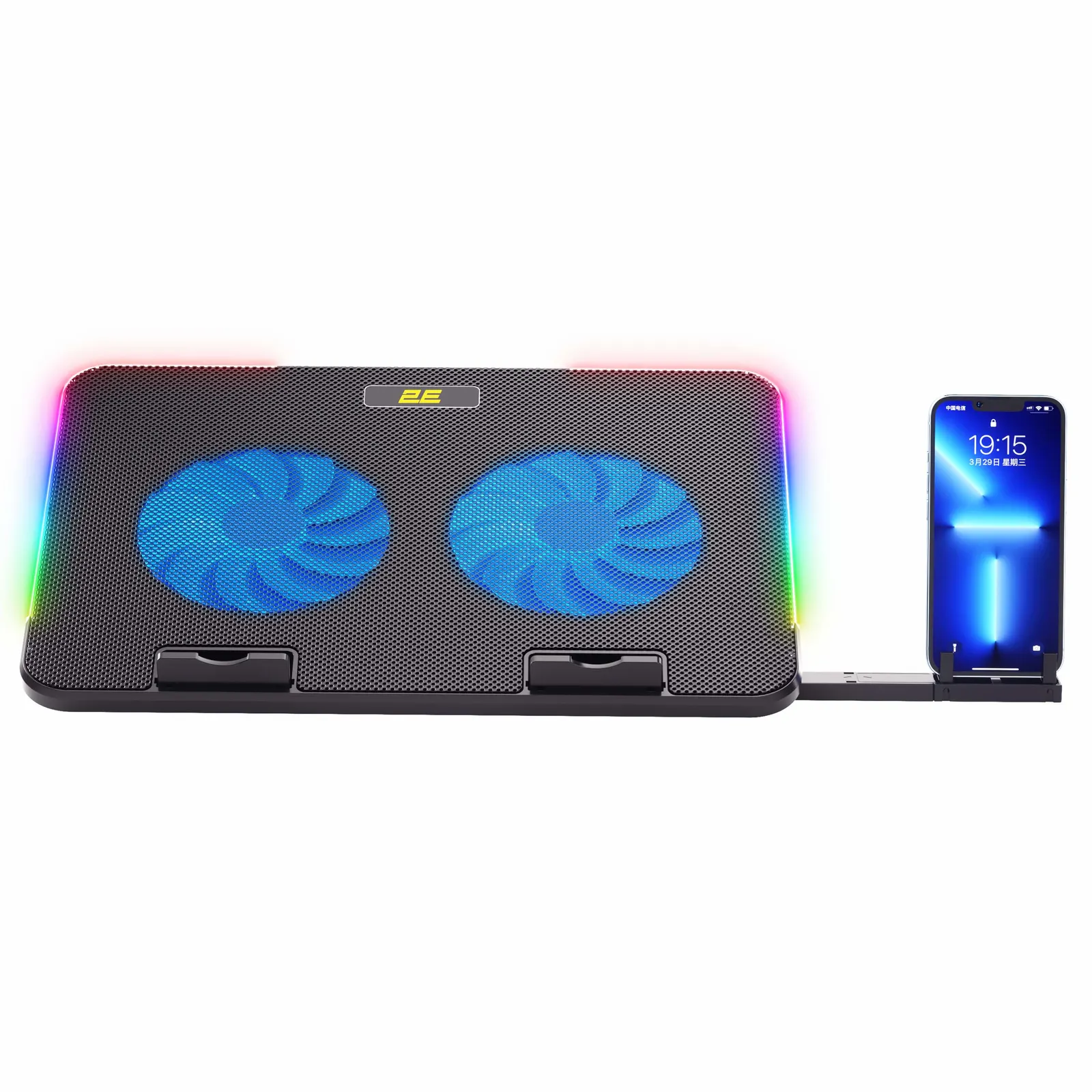 ნოუთბუქის ქულერი 2E GAMING Laptop Stand CPG-001 V2, up to 15.6", 2xUSB-A, phone holder, RGB, black