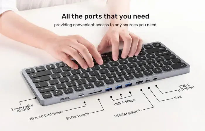 კლავიატურა UNITEK, D1092A, 9-in-1 USB-C Keyboard Hub, Grey
