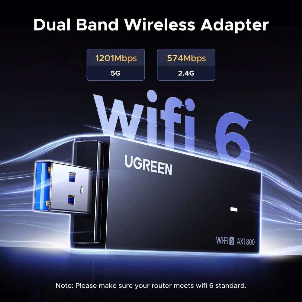 WIFI ადაპტერი UGREEN 65225 AX1800, 1201Mbps, USB Wifi6 Adapter, Black
