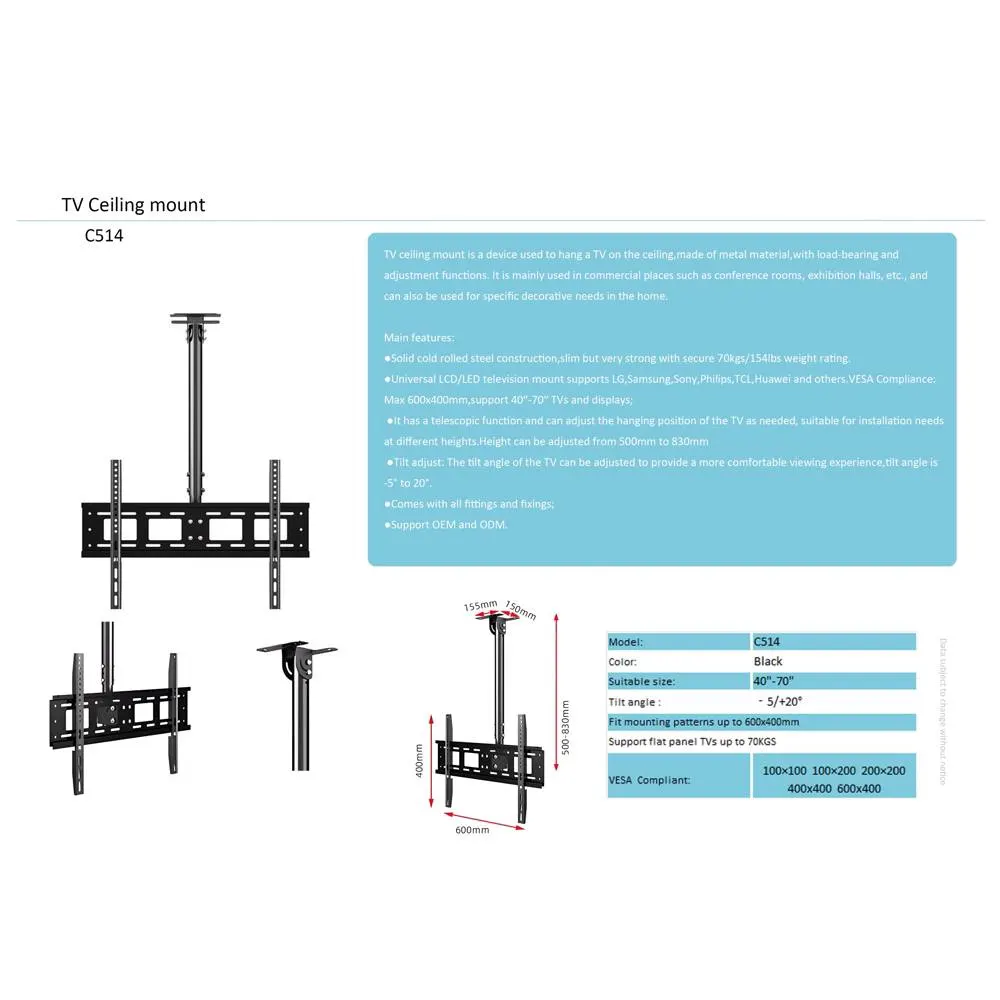 ტელევიზორის საკიდი ჭერზე Allscreen C514, 40"-70", TV Ceiling Mount, Black