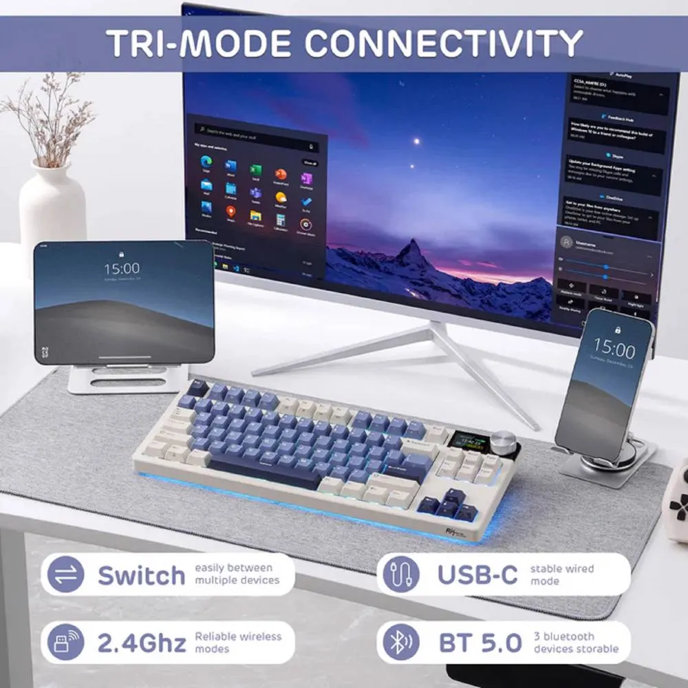 კლავიატურა Royal Kludge RK S85 RGB Mechanical Keyboard, Cloud switch, Hot Swappable, Wireless, Type-C, Bluetooth, 2.4GHz, Horizon Blue