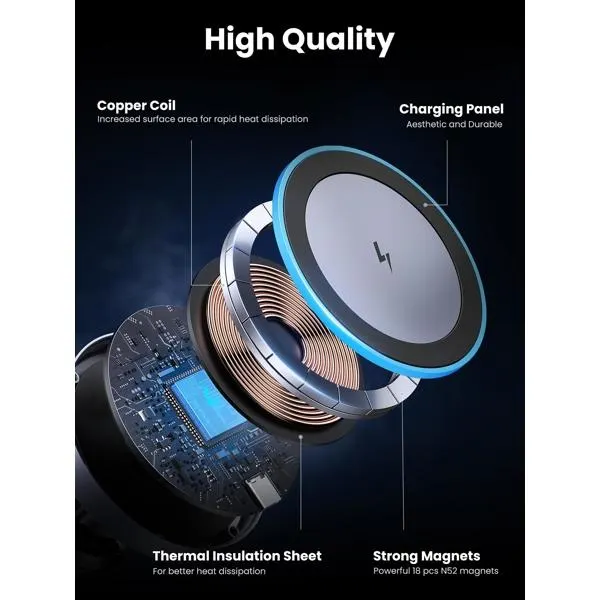 ტელეფონის სამაგრი Qi2, UGREEN, Car Charger, 15W, Wireless Car Mount Charger, Black/Grey.