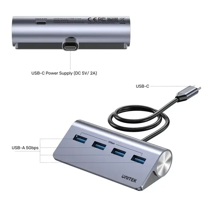 H1337BGY01 UNITEK 4-in-1 USB-C 5Gbps Hub (4*USB-A 5Gbps)