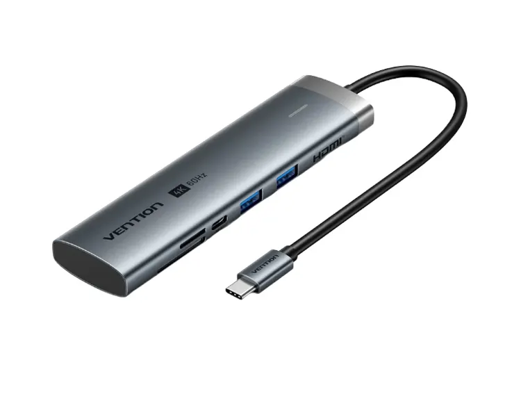 დოქ სადგური Vention TPSHB 7-in-1 USB-C 4K/60Hz Docking Station 5Gbps 100W PD 0.15m Gray Aluminum