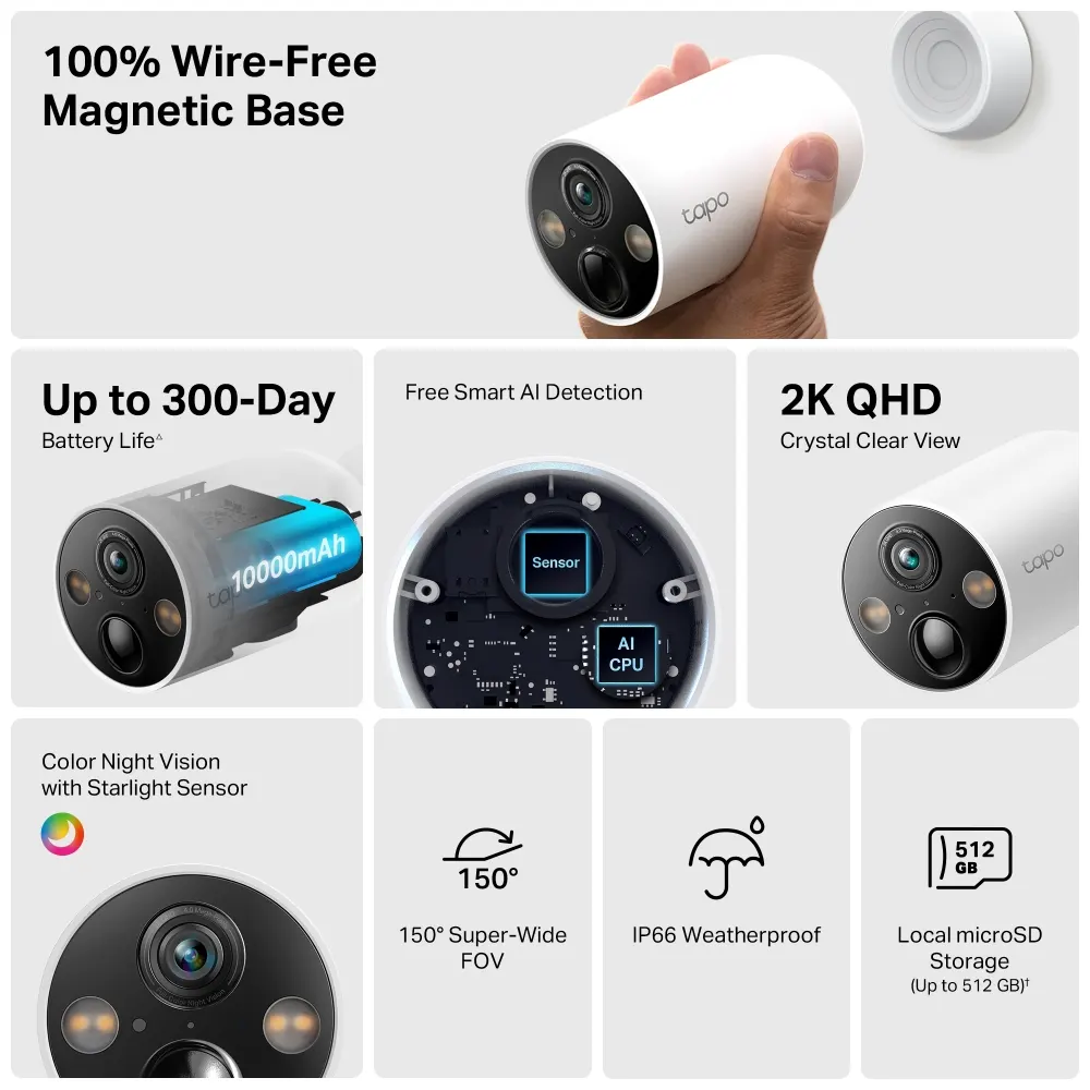 TP-Link Tapo C425 Wire-Free Security Camera - 2560 × 1440 (2K), Wi-Fi, 150° Viewing Angle, Up to 300-Day Battery Life, Solar Power Compatibility