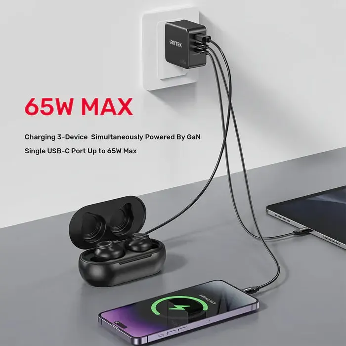 P1117B, UNITEK, Power Supply, 65W, 2xType-C 65w, USB QC 3.0 30W.