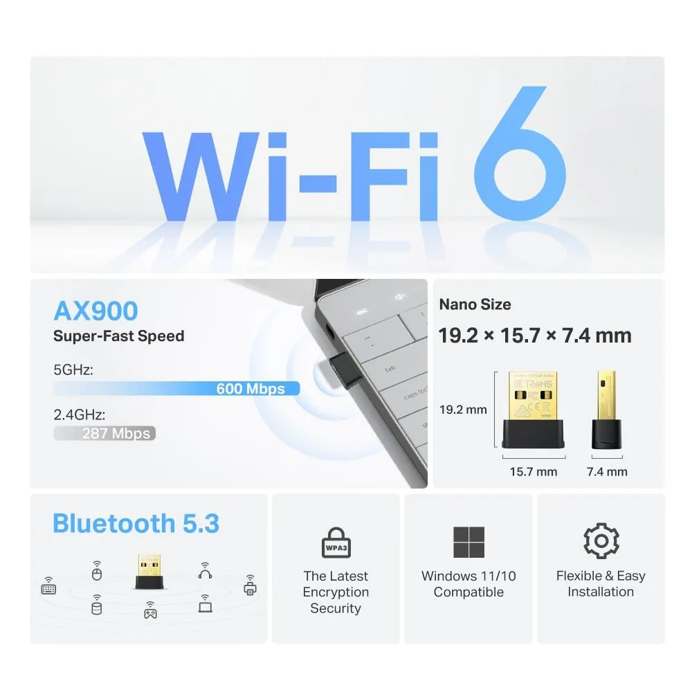 TP-Link, Archer TX10UB Nano, AX900 Nano Wi-Fi 6 Bluetooth 5.3 USB Adapter