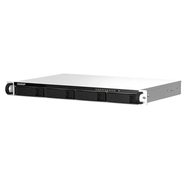 4-bay 1U short depth 12" rackmount NAS, Intel Celeron N5105/N5095 quad-core, burst up to 2.9 GHz; 4GB RAM (2 x SODIMM slots, max 16GB total); 4 x