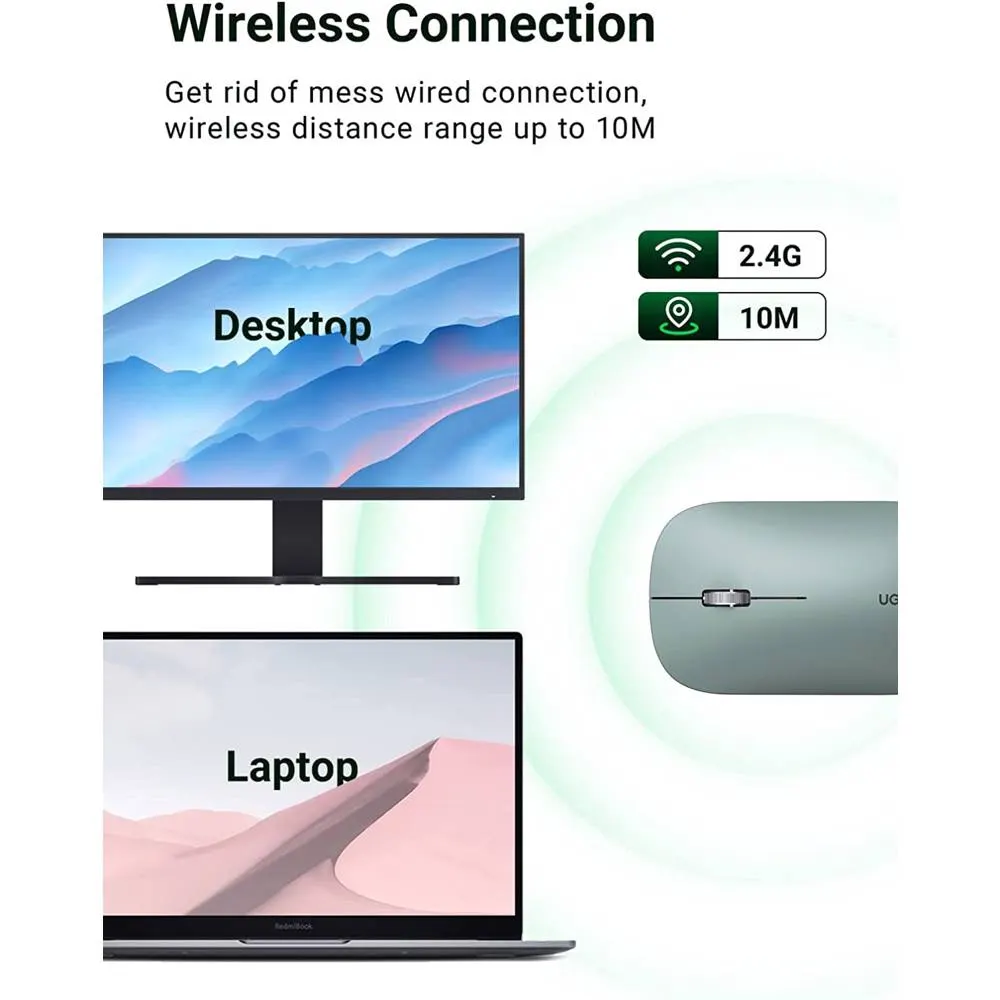 მაუსი UGREEN MU001 (90374) Wireless 2.4G Slim Silent Mouse, 4000DP, Green