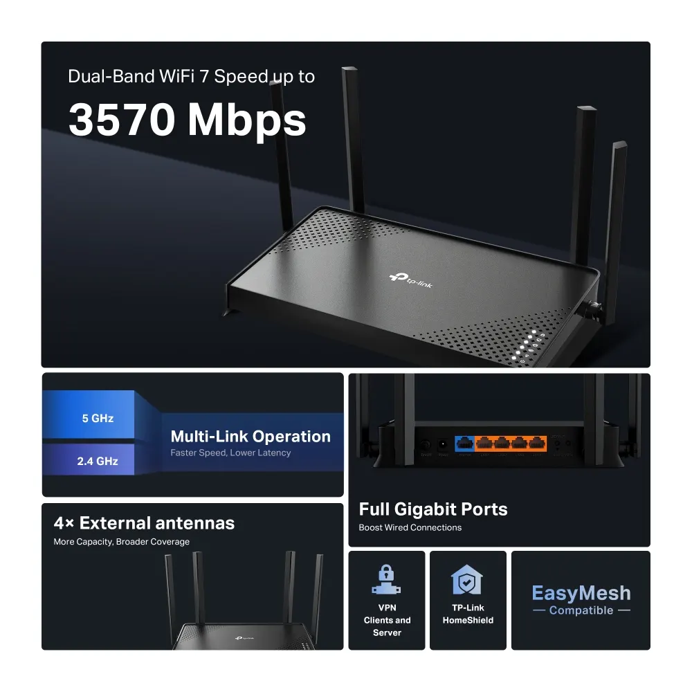 Wi-Fi როუტერი TP-Link Archer BE220 Dual-Band Wi-Fi 7 Router