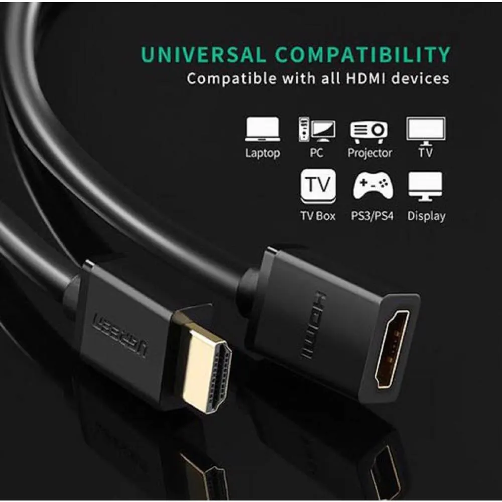 HDMI კაბელი UGREEN HD107 (10145), HDMI Male to Female Cable, 3m, Black