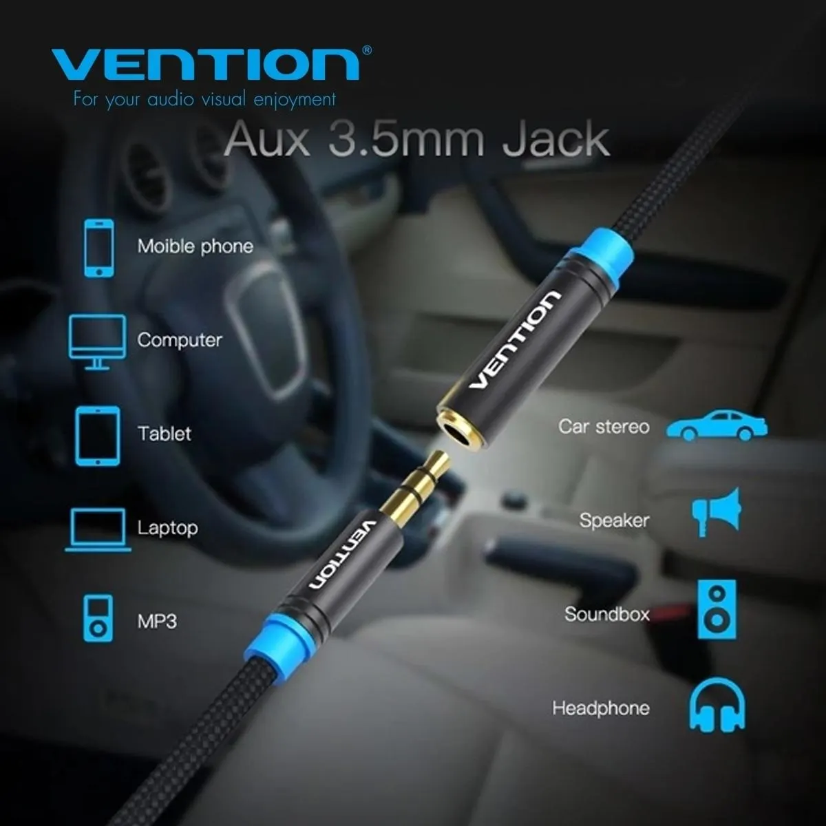 აუდიო/ვიდეო კაბელი VAB-B06-B200-M, Vention Cotton Braided 3.5mm Audio Extension Cable 2M Black Metal Type