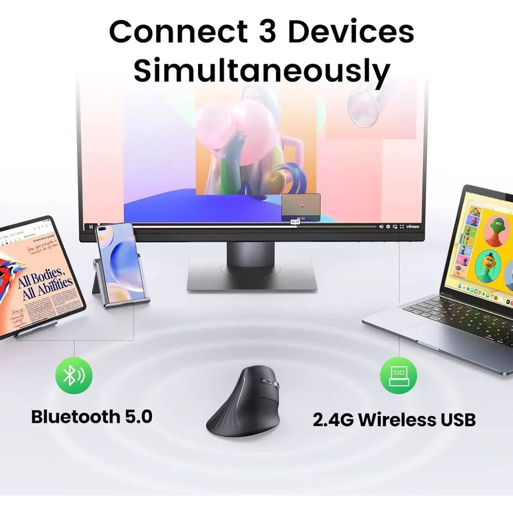 მაუსი UGREEN MU008 (25444), Wireless, Bluetooth, USB, Mouse, Black