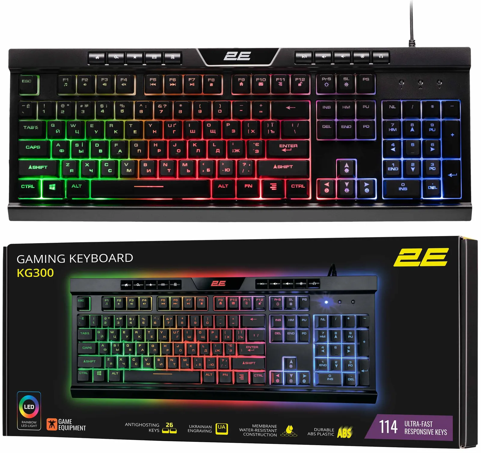 კლავიატურა 2E GAMING Keyboard KG300 LED USB Black Ukr