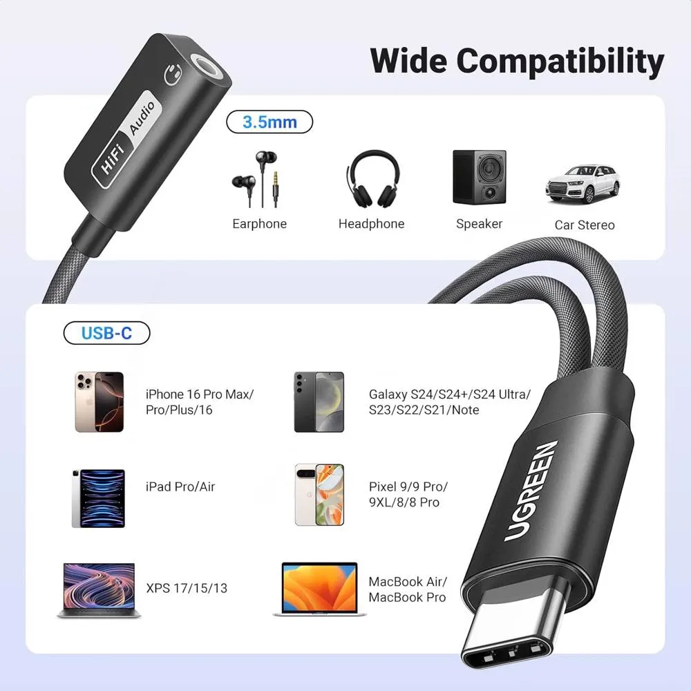 UGREEN CM721 (25837), Type-C to 3.5mm Audio Adapter with Power Delivery, Black