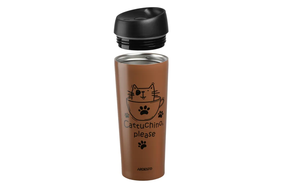 თერმოჭიქა Ardesto Travel mug Coffee time Cat 450 ml, mocha, s/s