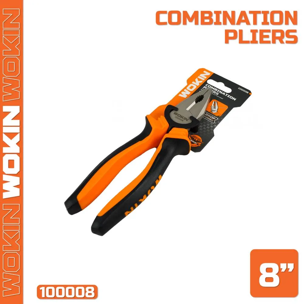 ბრტყელტუჩა რეზინის სახელურით Wokin 100008, 200MM, 8", Combination Pliers, Black/Orange