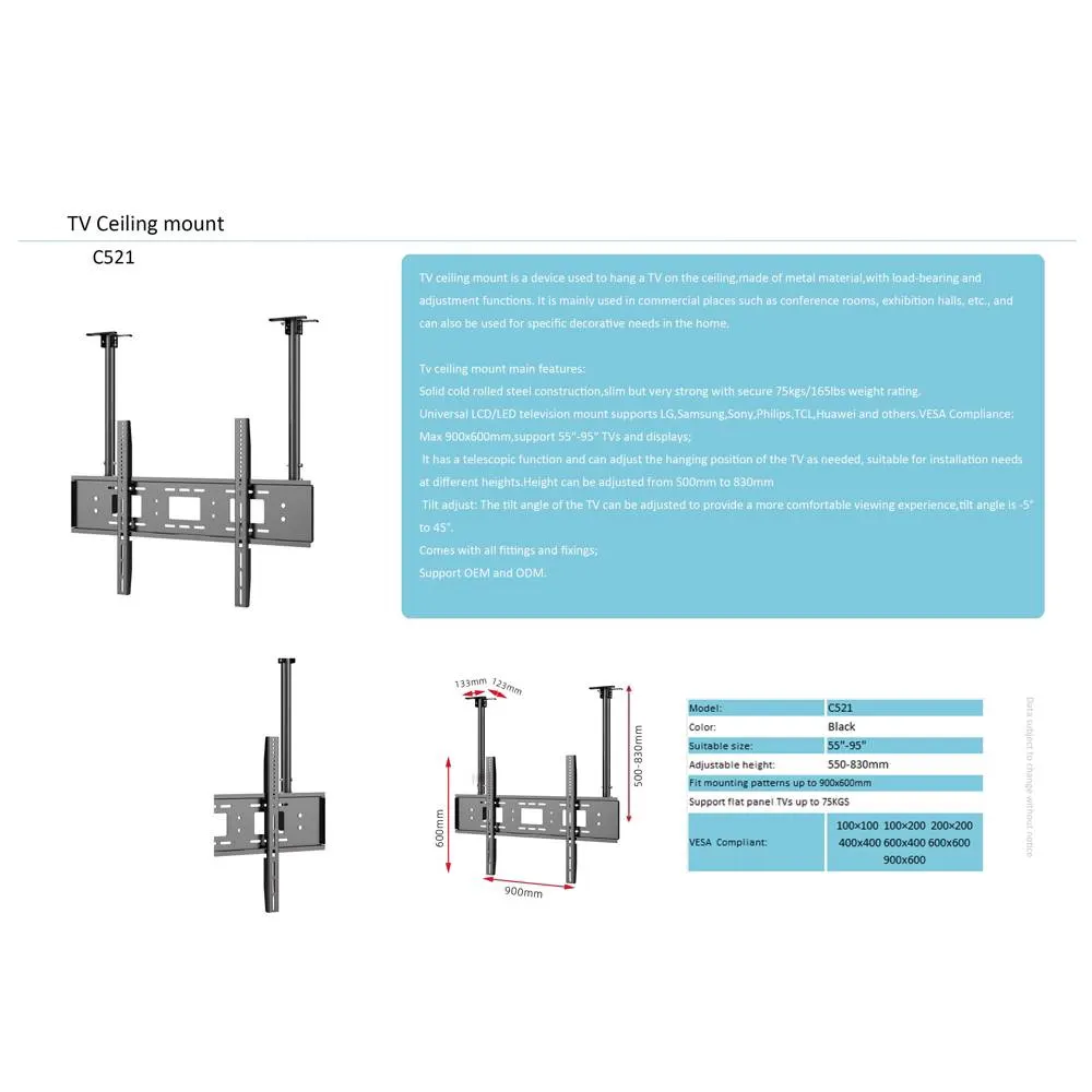 ტელევიზორის საკიდი ჭერზე Allscreen C521, 55"-95", TV Ceiling Mount, Black