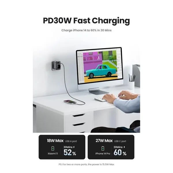 დამტენი CD314, UGREEN, Adapter, 30W, 1 Socket, USB-A, USB-C, Gray.