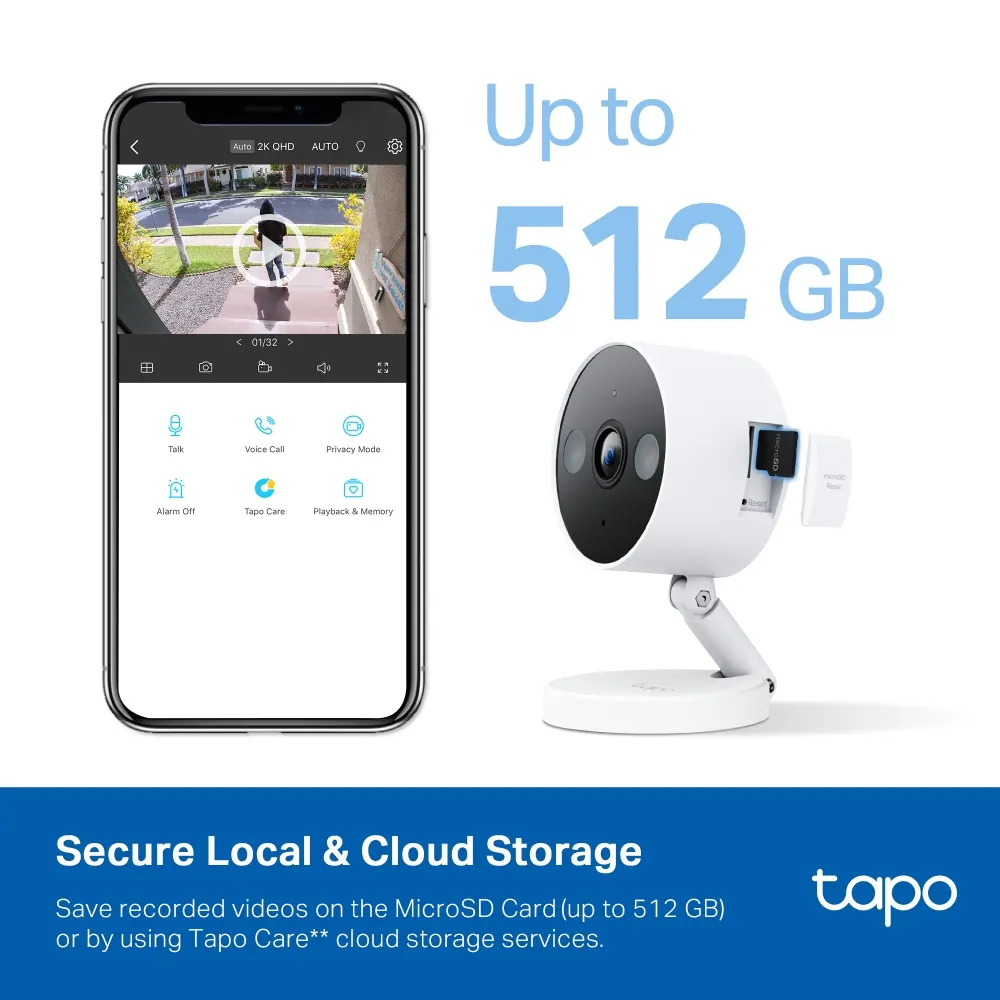 TP-Link Tapo C120 Wi-Fi Camera - 2560 × 1440 (2K), Wi-Fi, 120° Viewing Angle, MicroSD Card Slot (Up to 256 GB), Two-Way Audio, iOS, Android