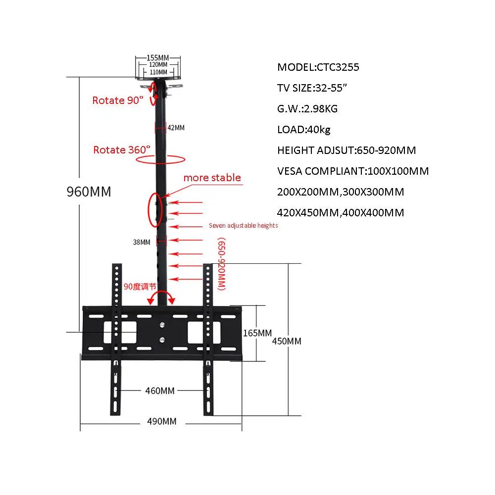 ტელევიზორის საკიდი ჭერზე ALLSCREEN TV Ceiling Mount Bracket CTC3255 TV SIZE: 26"-60"