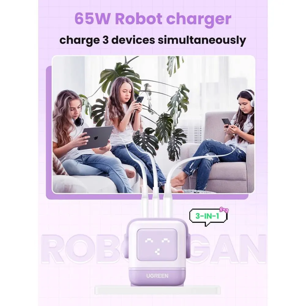 მობილურის დამტენი UGREEN CD361 (35291) Nexode Uno RobotGaN, 65W, USB, USB Type-C, Purple