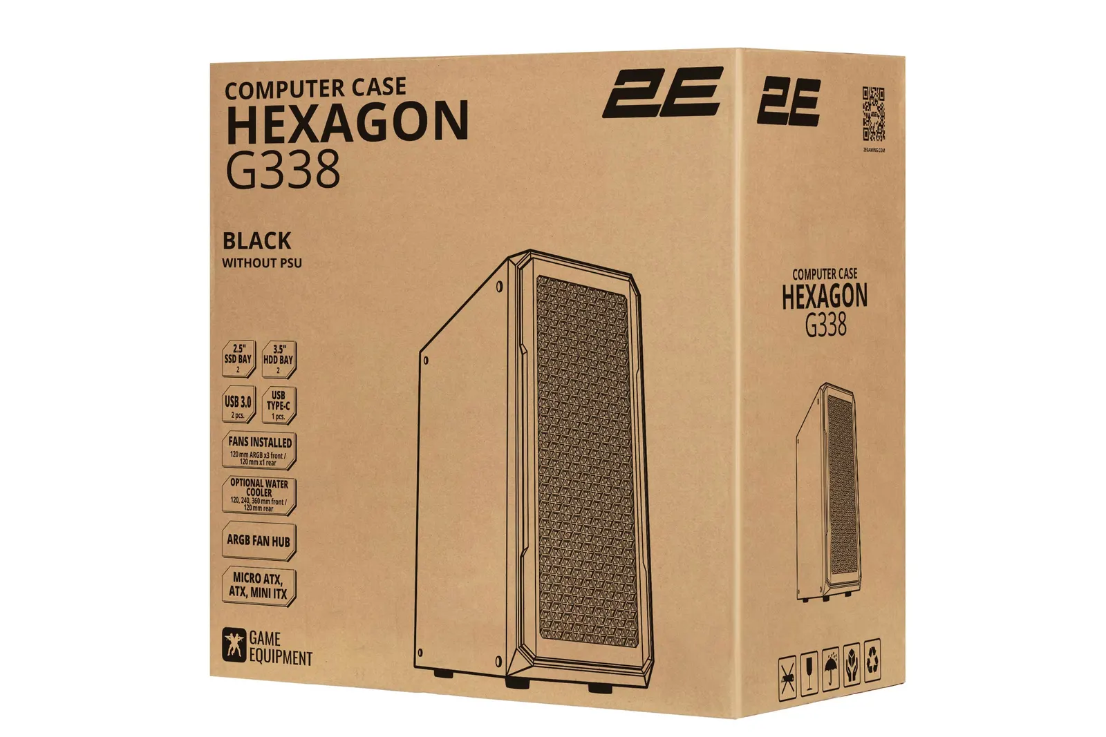 ქეისი 2E GAMING Computer case HEXAGON (G338) MidT,2xUSB2.0,1xUSB3.0, 1x120+3x120ARGB ,TG (side panel),without PSU,black