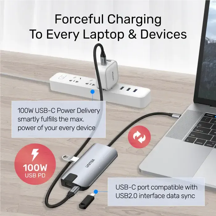 D1028A, UNITEK, 5-In-1 USB3.1 10Gbps Multi-Port Hub (2-Port USB-A 10Gbps + HDMI 4K60Hz + RJ45 + PD 100W), Space Grey