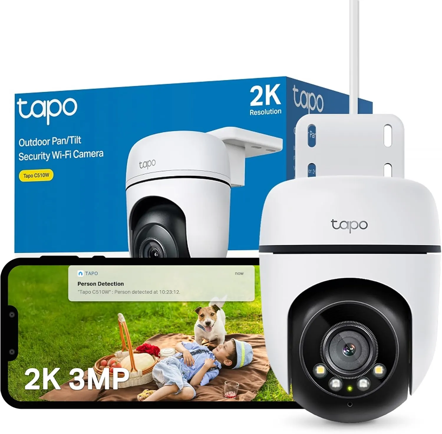 TP-Link Tapo C510W Pan/Tilt Wi-Fi Camera - 2304 × 1296 (2K), Wi-Fi, 360°/130° Viewing Range, IP65 Waterproof, MicroSD Card Slot (Up to 512 GB)
